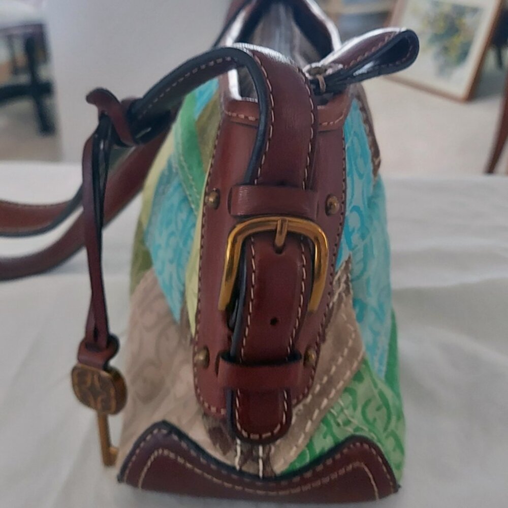Vintage Fossil Turquoise and Brown Patchwork Cloth Bag - Picture 4 of 7